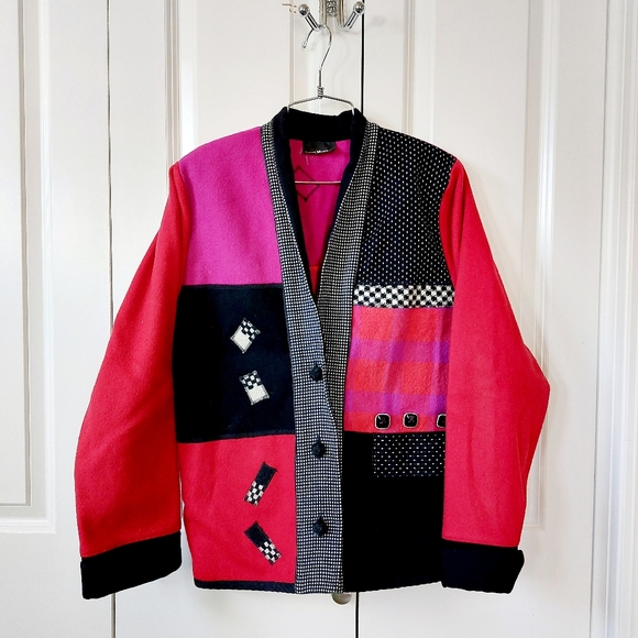 80s New Wave/Art to Wear Wool Jacket Lynn Murray Red, Pink, & Checkered - Picture 1 of 6